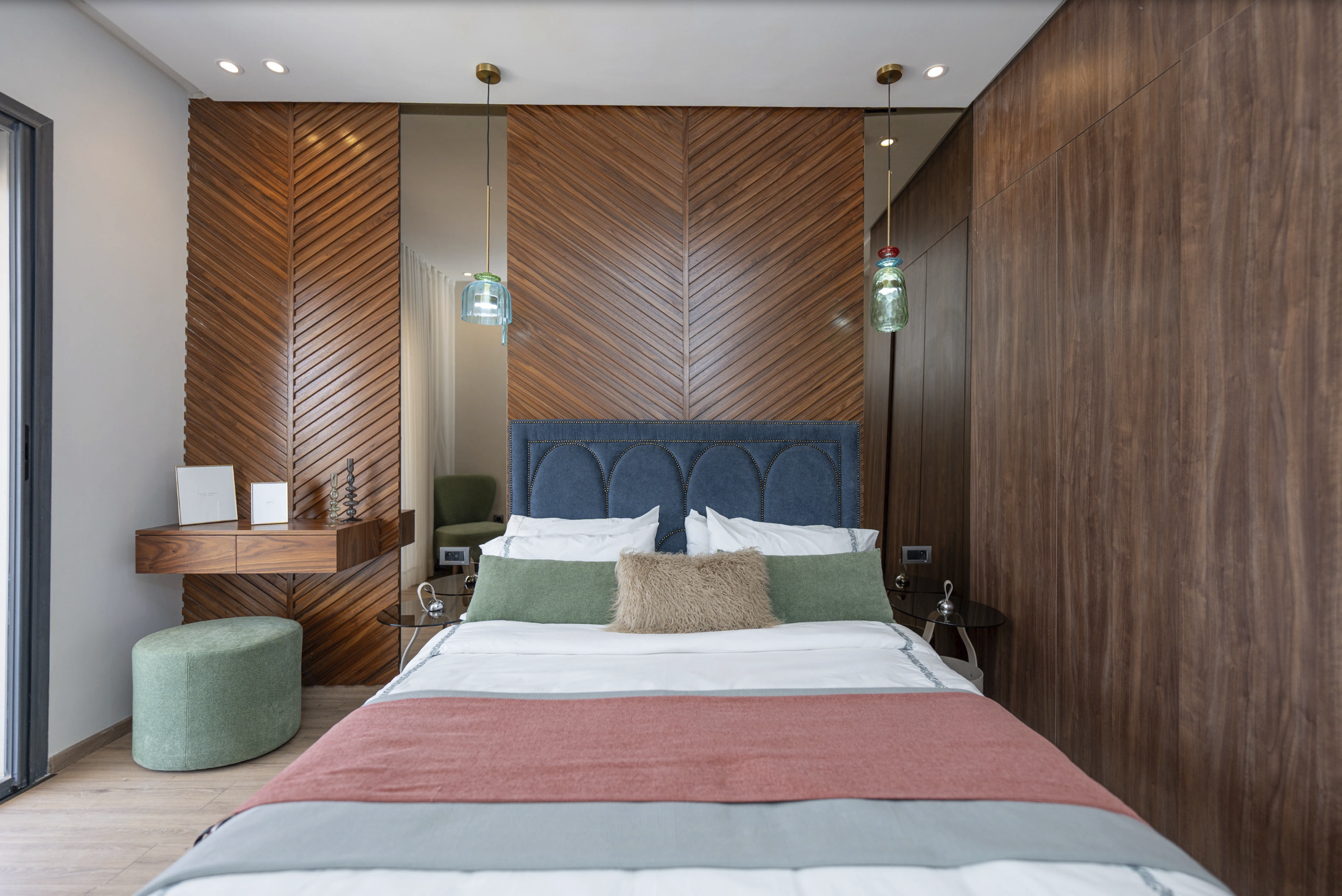 Symmetrical Bedroom Wood Paneling
